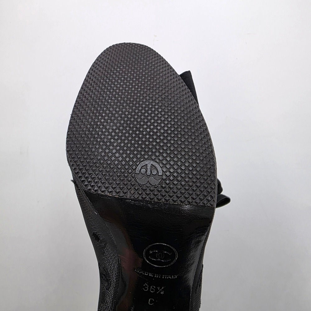 Chanel Black Mesh CC Logo Bow Peep Toe Mid Calf Stiletto Boots 36.5 C Italy - Picture 9 of 10